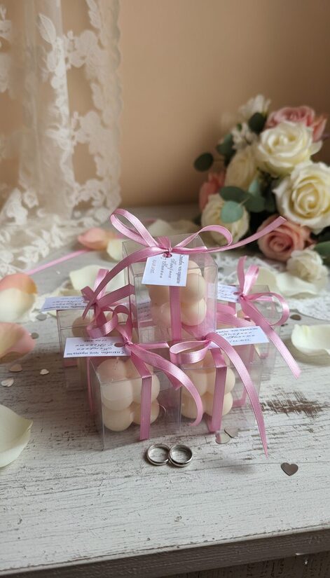 Personalizēta kāzu svece viesiem kastītē ar rozā lentīti